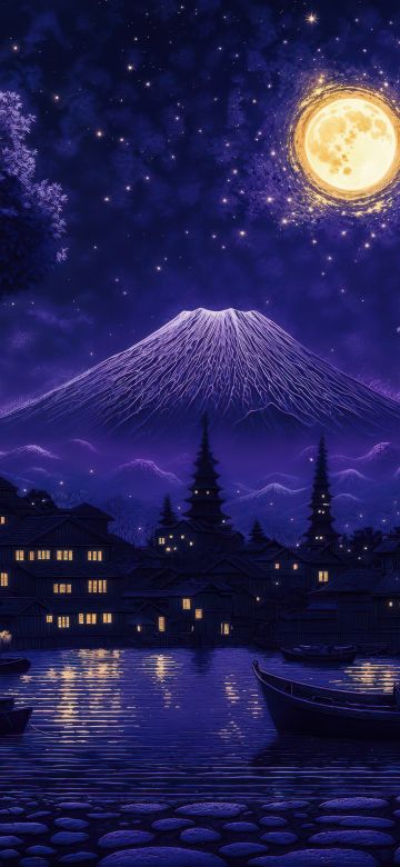 Mount Fuji, Aesthetic, Indigo background, Moon, Reflection, Night, Boats, 5K, AI art