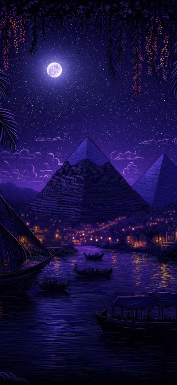 Egyptian Pyramids, Purple aesthetic, Night, Moonlight, Illuminated, Boats, Surrealism, Palm trees, 5K, Purple sky, Reflection