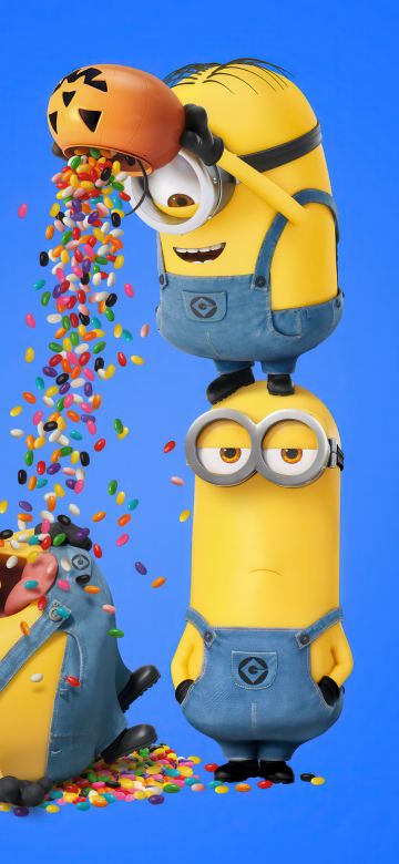 Minions, Halloween, Funny, Blue background, 5K, 8K, Candies