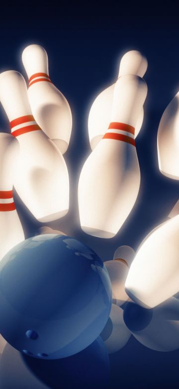 Bowling pins, Bowling ball, Blue background, 5K