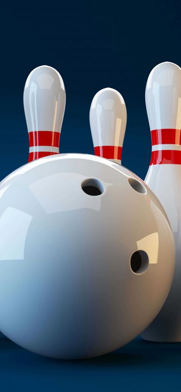 White, Bowling pins, Blue background, 5K, 8K, Bowling ball