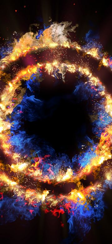 Fire ring, Energy, Black background, Flames, Circle, 5K