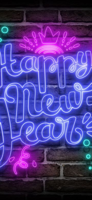 Happy New Year, Neon sign, Brick wall, 5K, Dark background, Dark aesthetic