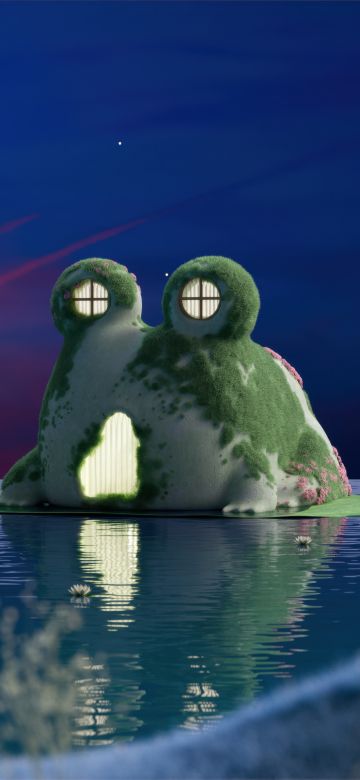 Frog house, Aesthetic, Night, Dreamlike, Starry sky, Lake, 5K