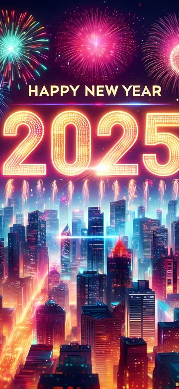 2025, New Year celebrations, Happy New Year 2025, Futuristic city, Neon city, Fireworks, 5K