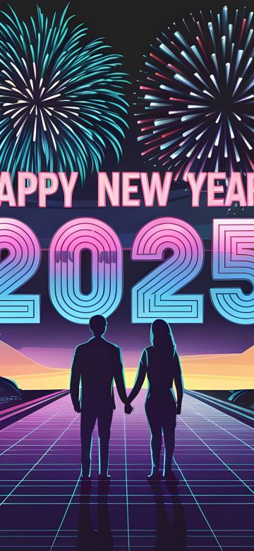 Happy New Year 2025, Couple, New Year celebrations, Dystopian, Cyberpunk, Neon city, 5K