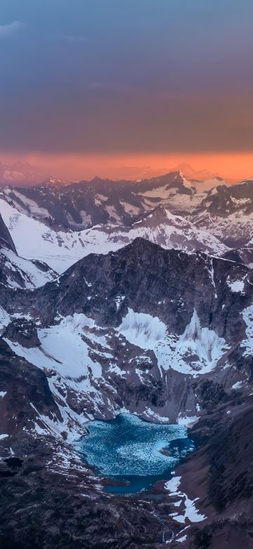 Mountain Landscape, Alps, Scenery, Snowcapped mountains, Mountains, Mountain Peaks, Sunset, Dusk, Dramatic, Panoramic, Aerial Photography, 5K, 8K, Mountain lake