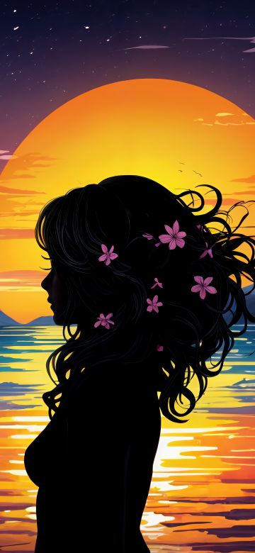 Woman, Silhouette, Girly backgrounds, Tropical beach, Sunset, AI art, Colorful art, 5K