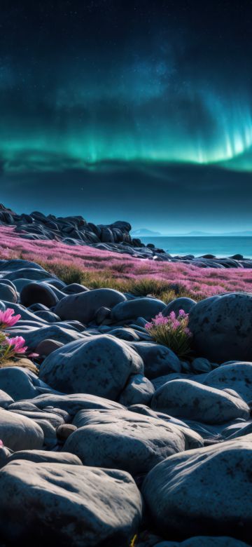 Rocky beach, Aurora sky, Landscape, Aurora Borealis, Serenity, Majestic, Northern Lights, 5K