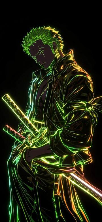 Roronoa Zoro, Neon art, AMOLED, Black background, One Piece, 5K