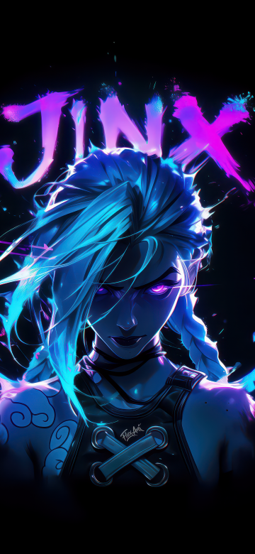 Arcane Jinx, Neon art, League of Legends, Dark background, Dark aesthetic, 5K