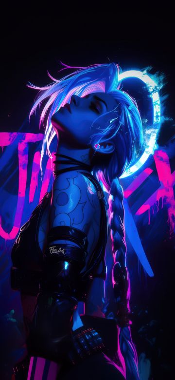 Jinx, Neon art, 5K, Dark background, League of Legends