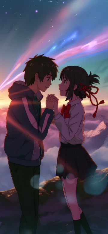 Kimi no Na wa, Love couple, Your Name, Mitsuha Miyamizu, Taki Tachibana, 5K, Anime couple, Comet Tiamat, Shooting stars