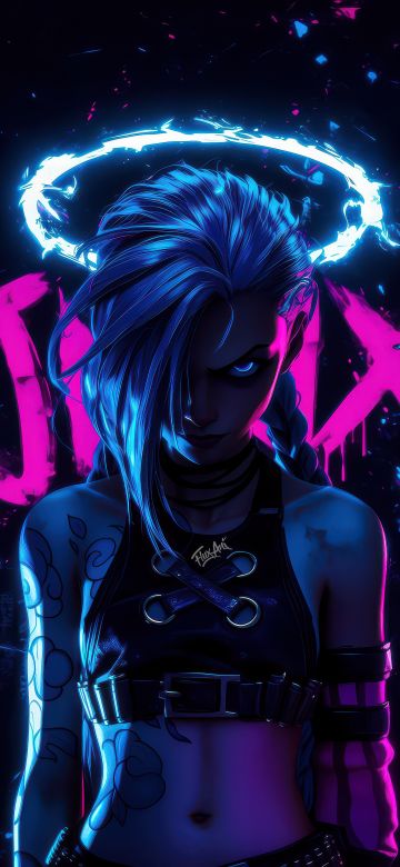 Jinx (Arcane), Neon art, Dark background, 5K, League of Legends