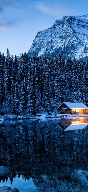 Lake Louise, Winter forest, Cold, Reflections, Pine trees, Frozen, Snow covered, Banff National Park, Canada, Wilderness, 5K