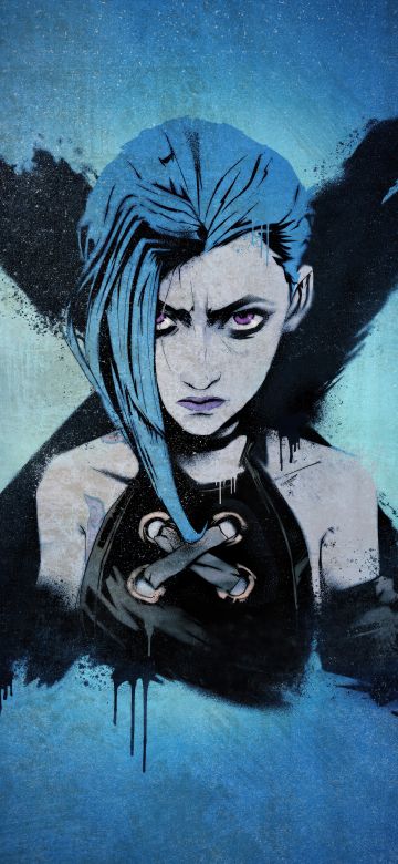 Jinx, Blue aesthetic, Graffiti, Artwork, Arcane: League of Legends, 5K, Blue background