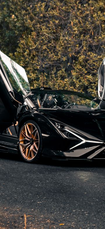 Lamborghini Sián Roadster, Black cars, Hybrid sports car, 5K, Tarmac