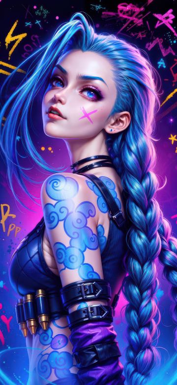 Jinx, Colorful art, Arcane: League of Legends, AI art, Dark background, Neon art, 5K