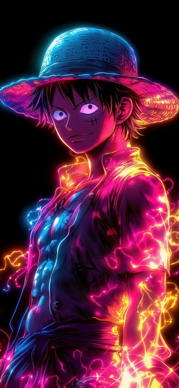 Monkey D. Luffy, Neon art, 5K, 8K, Black background, One Piece