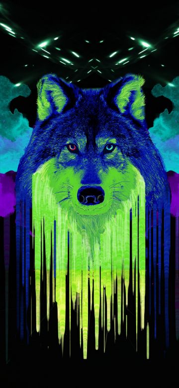 Wolf, Artwork, Neon, Black background, Watercolors, Painting