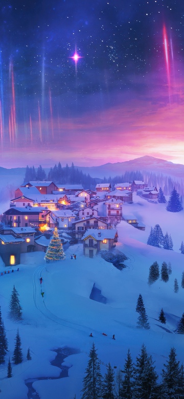 Snowy village, Winter, Aurora sky, Night sky, Christmas Eve, Magical, Cliff, Father - Son, Holidays, Northern Lights, 5K, Snow covered