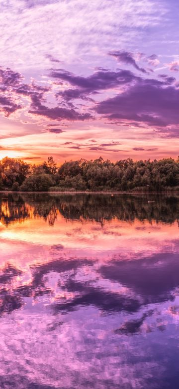 Sunset, Evening sky, Clouds, Beautiful, Reflections, Purple, Lake, 5K, 8K