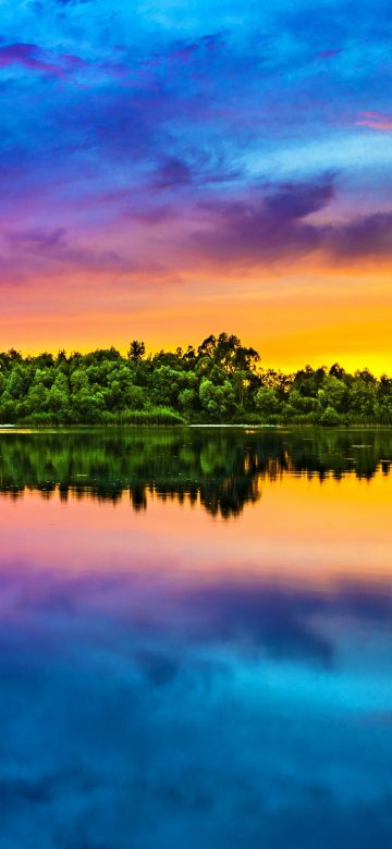 Evening sky, Multicolor, Colorful, Lake reflection, Sunset, Water, Bright, Landscape, 5K, 8K