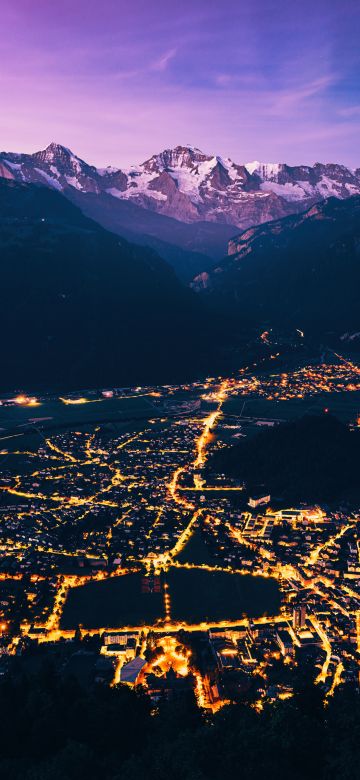 Mountain Peak, Purple, City lights, Aerial view, Dawn, 5K