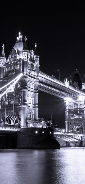 Tower Bridge, London, River Thames, Monochrome, Dark background, Lights, Cityscape, Night, Moon, England, Black and White