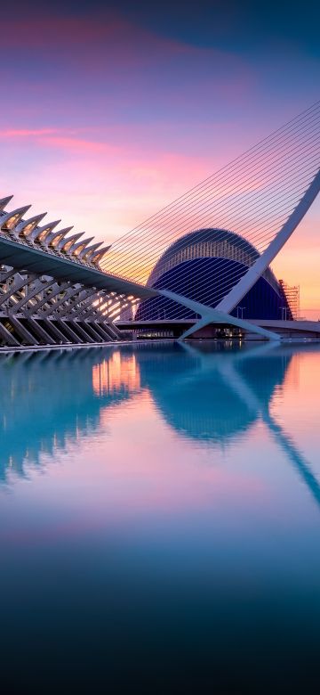 City of Arts and Sciences, Spain, Valencia, Sunrise, Pool, Reflection, Modern architecture, 5K