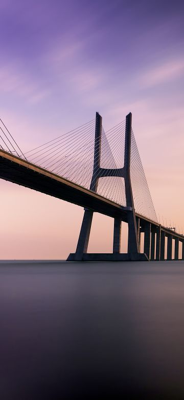 Vasco da Gama Bridge, Lisbon, Portugal, Tagus River, Sunrise, Water, Dawn, Modern architecture, 5K