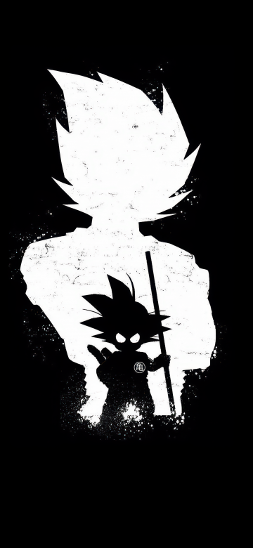 Goku, Black and White, Silhouette, AMOLED, Minimalist, 5K, Black background