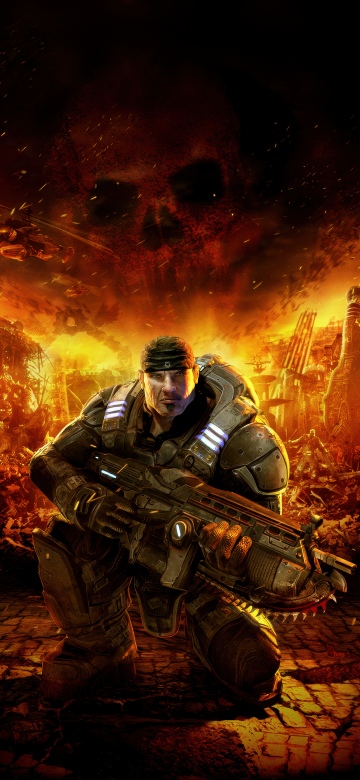 Gears of War, Game Art, Marcus Fenix, 5K, Dark background, Fire effect