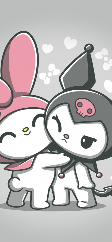 My Melody and Kuromi, Hug, Kawaii cartoon, Friends, Friendship, My Melody, Kuromi, 5K, 8K, Grey background, Sanrio