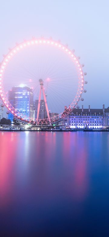 London Eye, Ferris wheel, River Thames, Cityscape, Dawn, Morning fog, Sky view, Water, Reflection, England