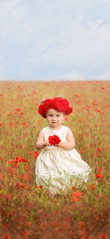 Cute Girl, Red flowers, Garden, White Dress, Cute eyes, 5K