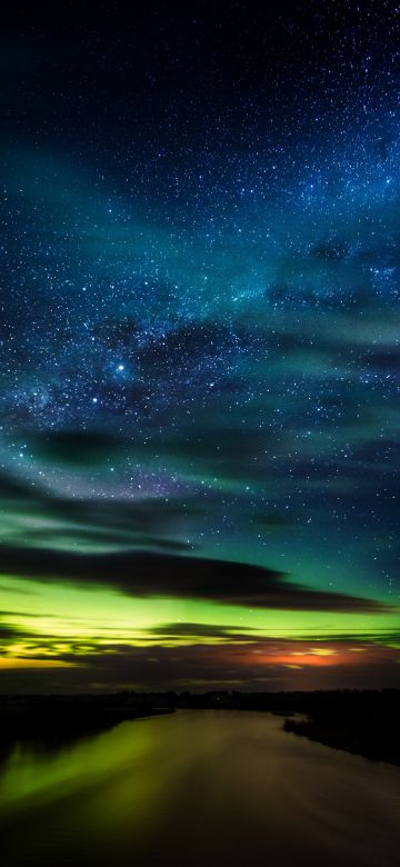 Aurora Borealis, Stars, Clouds, New Zealand, Dawn, Night, River, Green, Blue Sky, Dark background, 5K