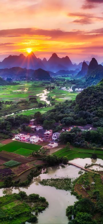 Guilin City, China, Sunset, Beautiful, Green Fields, Village, River, Mountains, Clouds, 5K, 8K