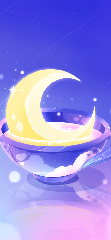 Dreamy, Crescent Moon, Aesthetic, Tea cups, Glowing, Celestial, Magical, Blue and Purple, Sparkling, 5K, Blue gradient, Gradient background