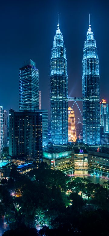 Petronas Towers, Kuala Lumpur, Malaysia, Cityscape, Night lights, Blue, Modern architecture, Skyscrapers, 5K, 8K