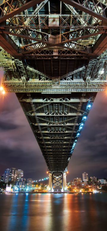 Sydney Harbour Bridge, Australia, Cityscape, River, Reflection, Night lights, Sky view, 5K