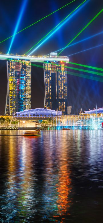 Marina Bay Sands, Light show, Singapore, Laser Lights, Colorful, River, Reflections, Cityscape, Night, 5K, 8K