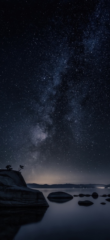 Bonsai Rock, Milky Way, Night, Lake Tahoe, Astrophotography, Night sky, Starry sky, Long exposure, Reflections, Galaxy, Dark Sky, Rock formations, Cosmos, Nightscape, 5K, Nevada