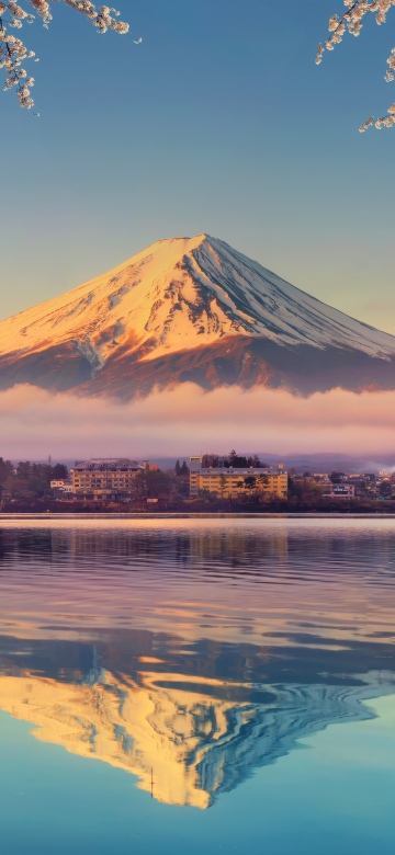 Lake Kawaguchi, Mount Fuji, Cherry blossom, Aesthetic, Sakura, 5K, Japan, Sunrise, Reflection, Serene, Spring, Snow covered, Pastel, Tourist attraction, Iconic