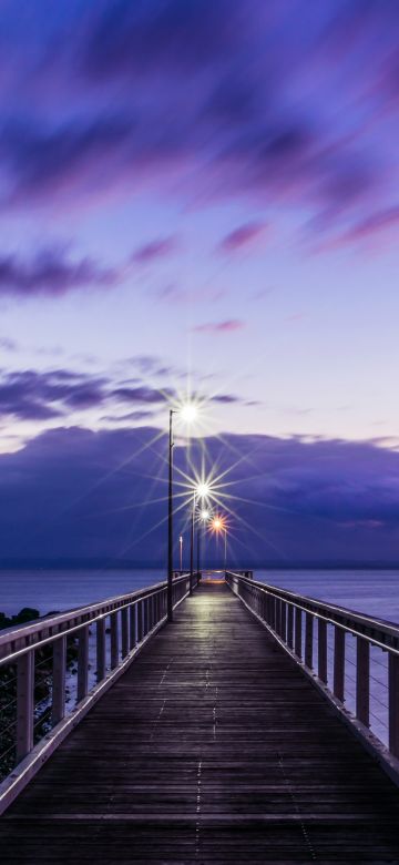 Seashore, Wooden pier, Bridge, Sunset, Purple, Dawn, Seascape, Holidays, Sky view, Horizon, Clouds, 5K