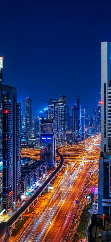 Dubai, Sheikh Zayed Road, Skyscrapers, City lights, Urban, Nightscape, Night City, Modern architecture, Downtown Dubai, High rise building, Dubai City Skyline, 5K, Long exposure, Night illumination, Night time