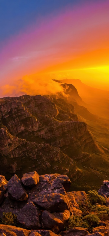 Table Mountain, Sunset, Cape Town, Golden hour, Scenic Spot, Cliff, Horizon, Dramatic, South Africa, 5K, Aerial Photography, Aerial view