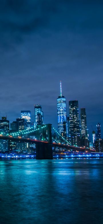 Brooklyn Bridge, Manhattan Skyline, Waterfront, New York, Cityscape, Blue, Night life, Body of Water, Clear sky, Modern architecture, 5K