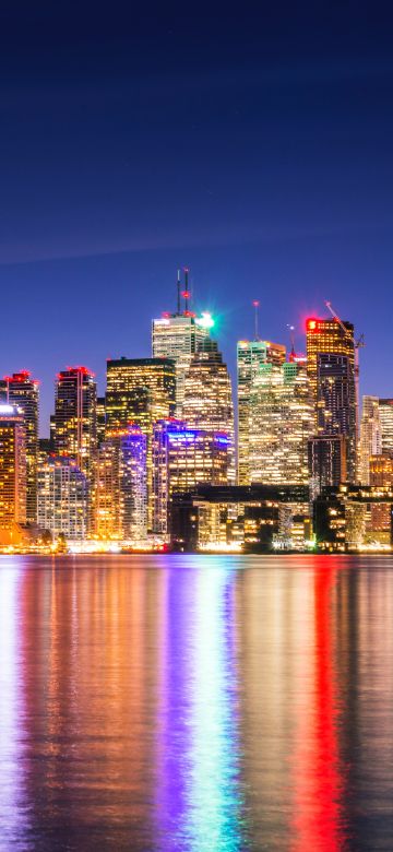 Toronto Skyline, Skyscrapers, Canada, Cityscape, Night lights, Waterfront, Dusk, Reflections, Modern architecture, Clear sky, Multicolor, 5K