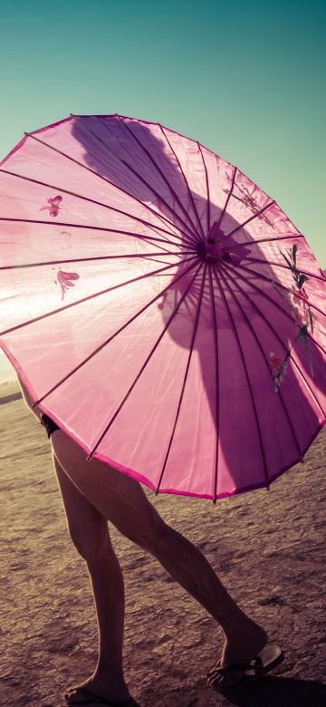 Pink Umbrella, Girl, Sunrise, Shadow, Clear sky, Blue